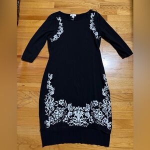 Monsoon Women’s Elegant Knit Dress Black With White Floral Embroidery 3/4 Sleeve